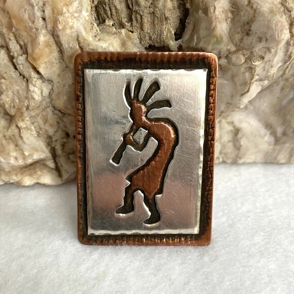 VTG Signed Sterling Silver 925 Copper 1.60" Southwest Overlay Kokopelli Brooch - Picture 9 of 16